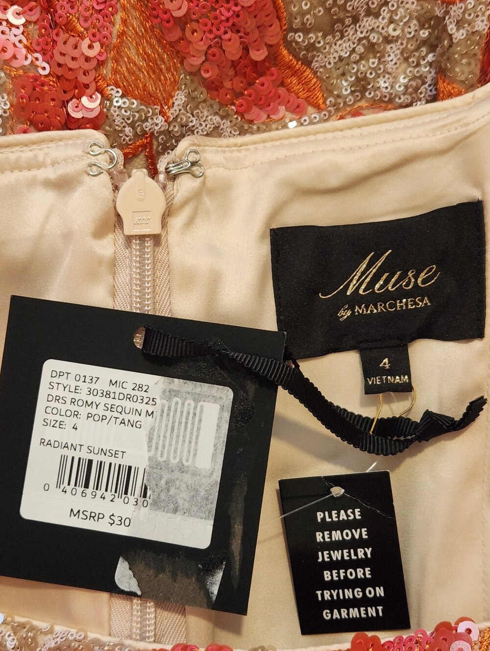 🆕️ 🌺Muse by Marchesa🌺 - Pink/Red/Champagne/Cream Romy Sequin Cocktail Dress - Picture 3 of 15